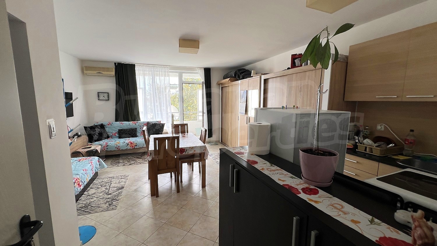 inside, kitchen, living room, furnished