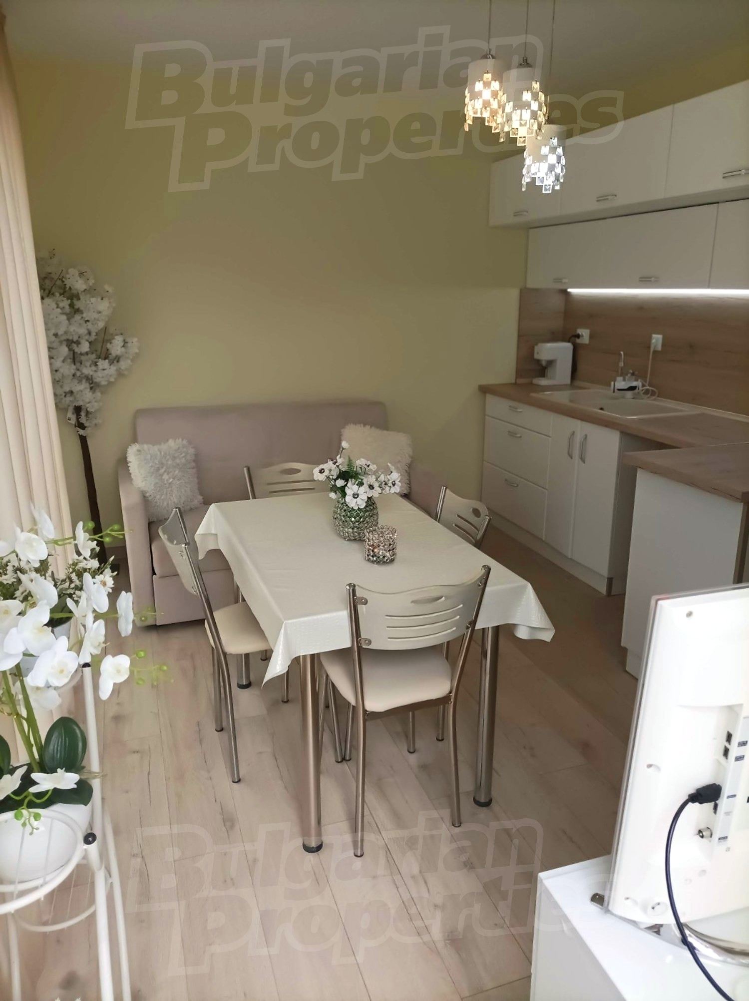 inside, kitchen, living room, furnished