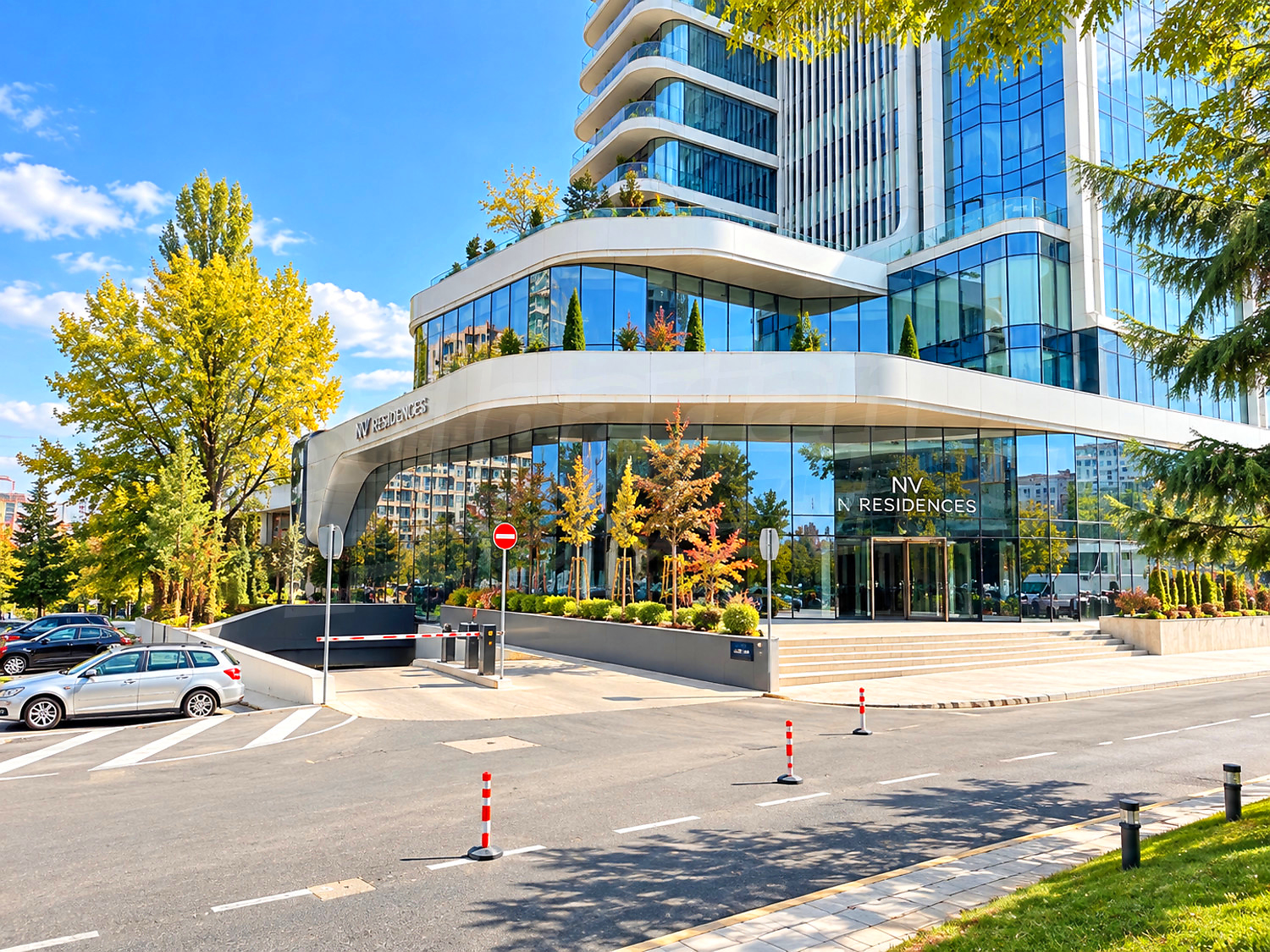 outside, facade, parking, green area