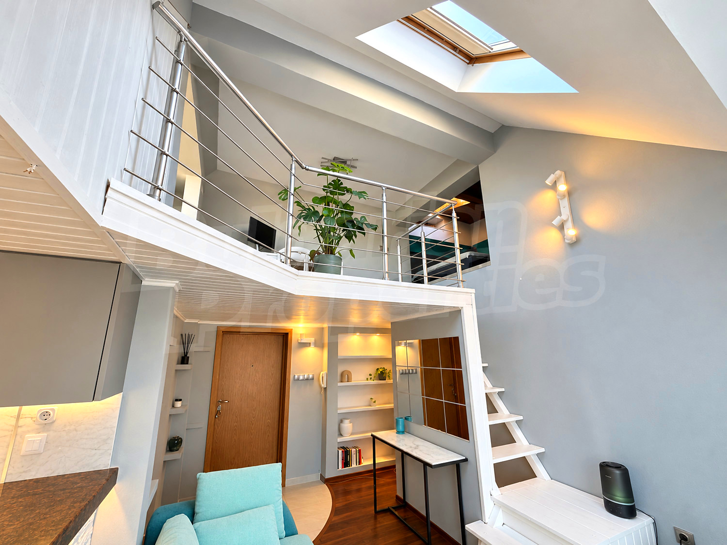 inside, living room, stairs, furnished