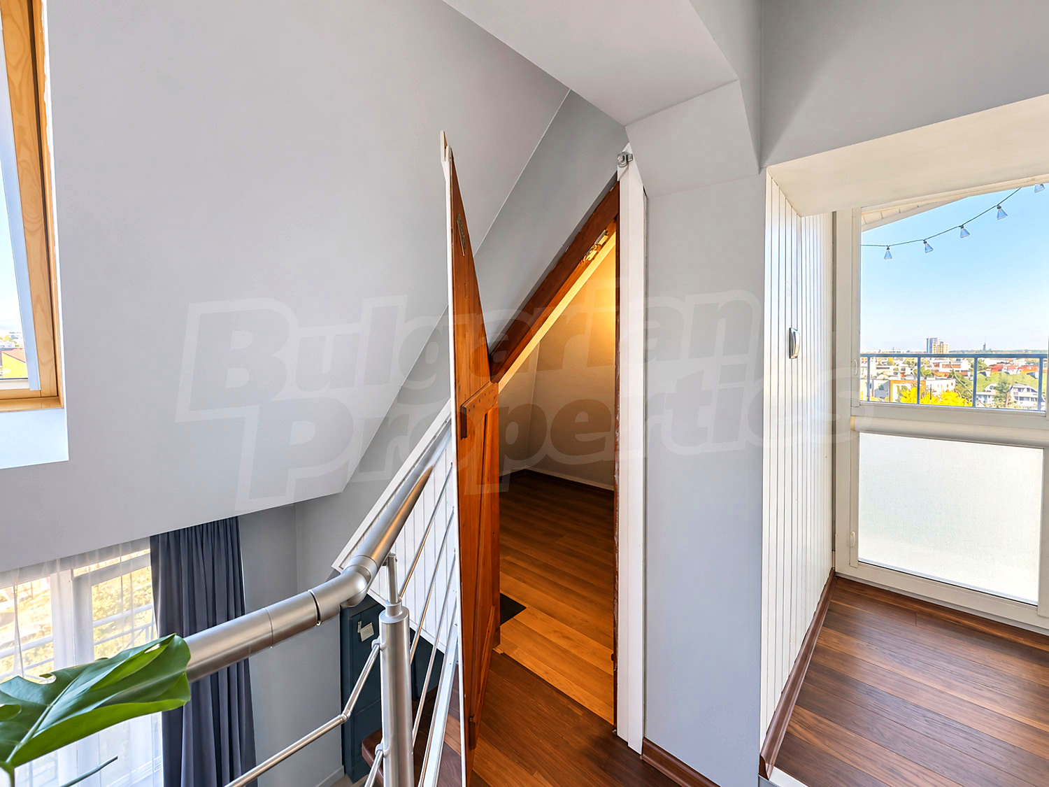 inside, stairs, view from balcony