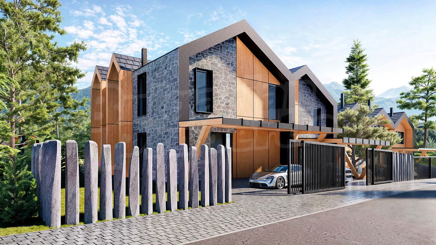 outside, facade, parking, mountain, green area