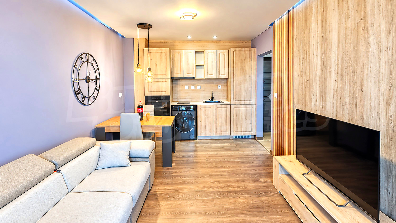 inside, kitchen, living room, furnished