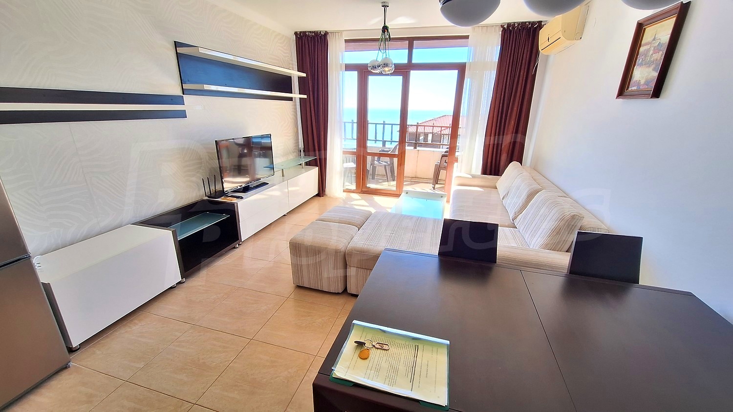 inside, living room, furnished, view from balcony
