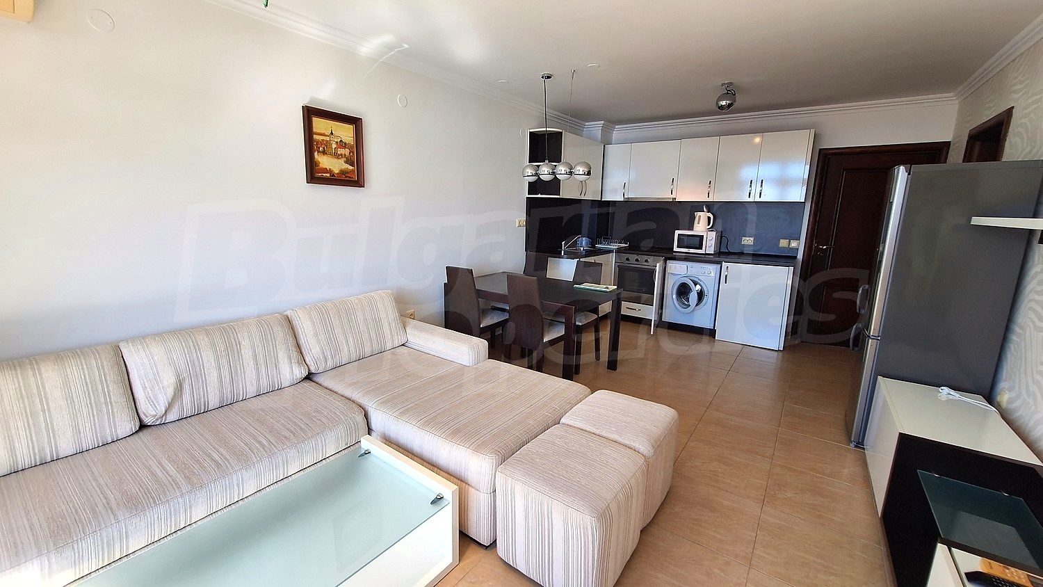 inside, kitchen, living room, furnished