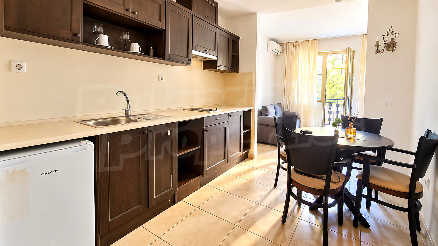 inside, kitchen, living room, balcony, furnished
