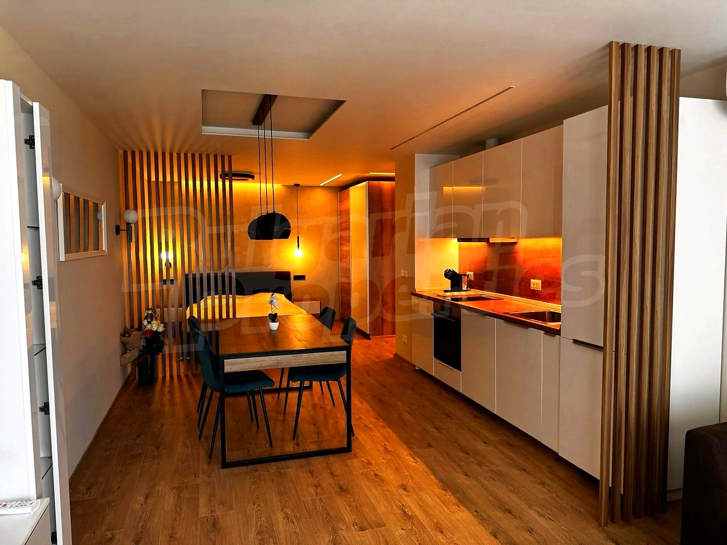 inside, kitchen, living room, furnished