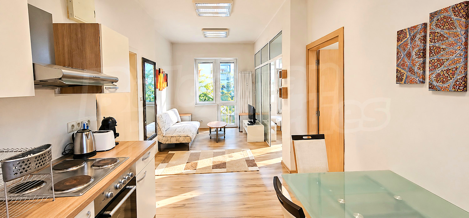 inside, kitchen, living room, furnished