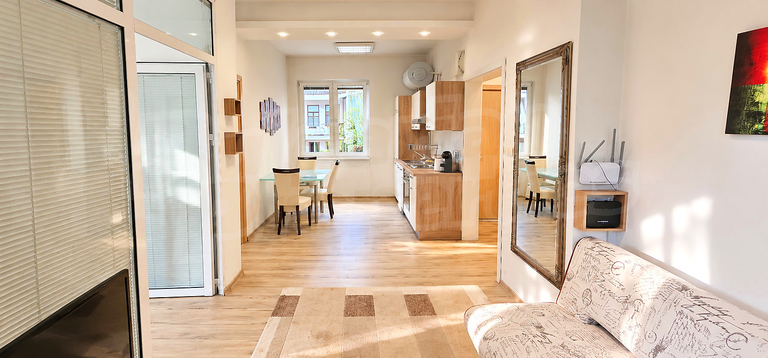 inside, kitchen, living room, furnished