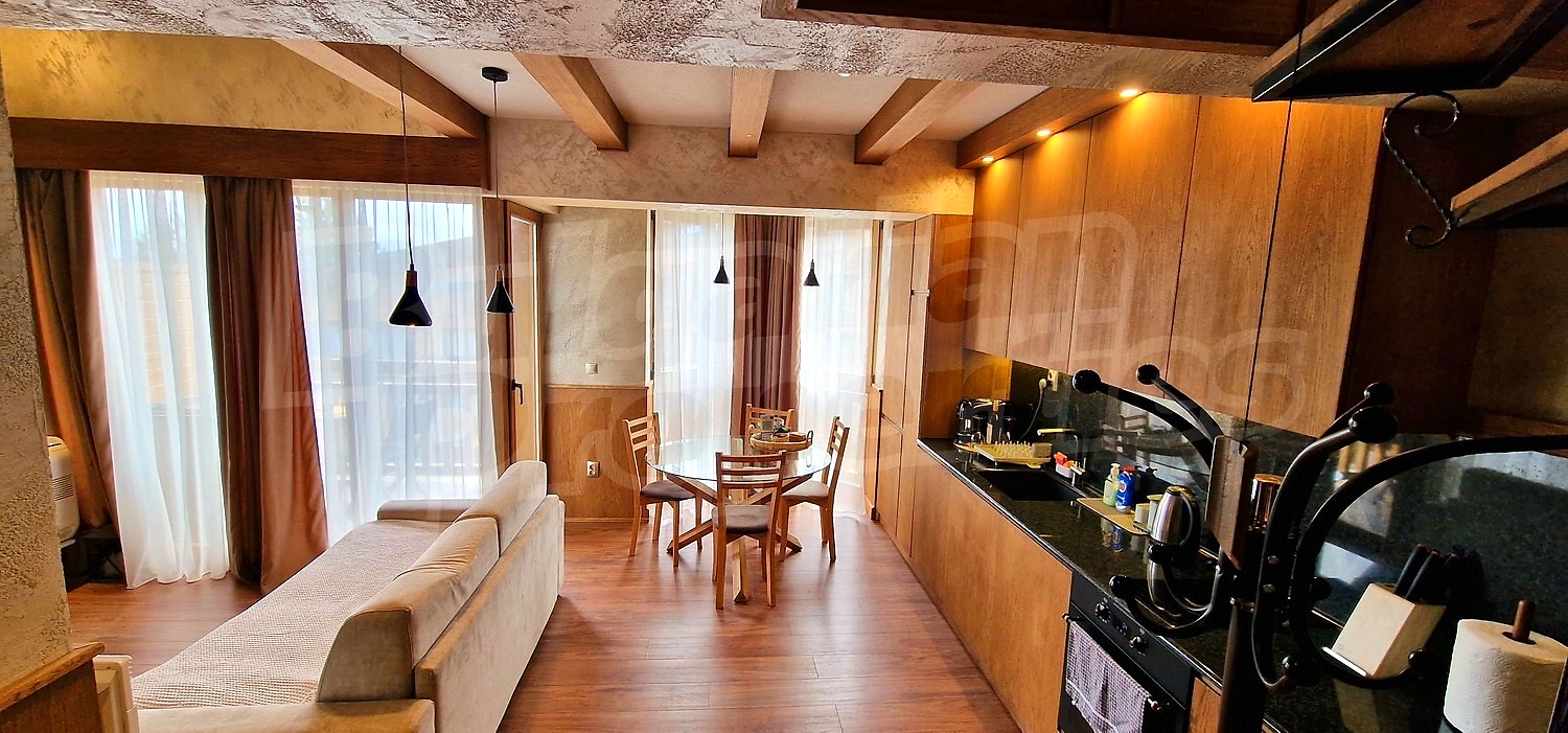 inside, kitchen, living room, furnished