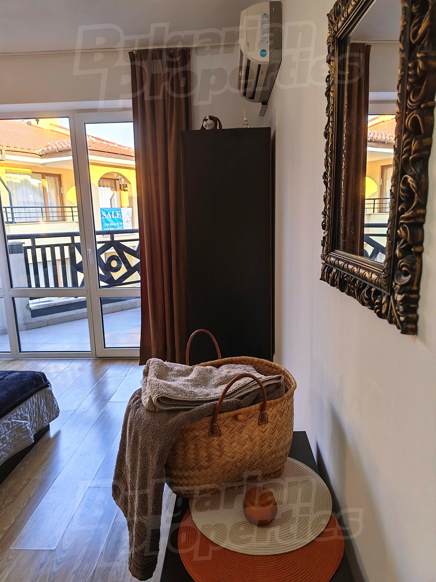 inside, bedroom, balcony, view from balcony, furnished