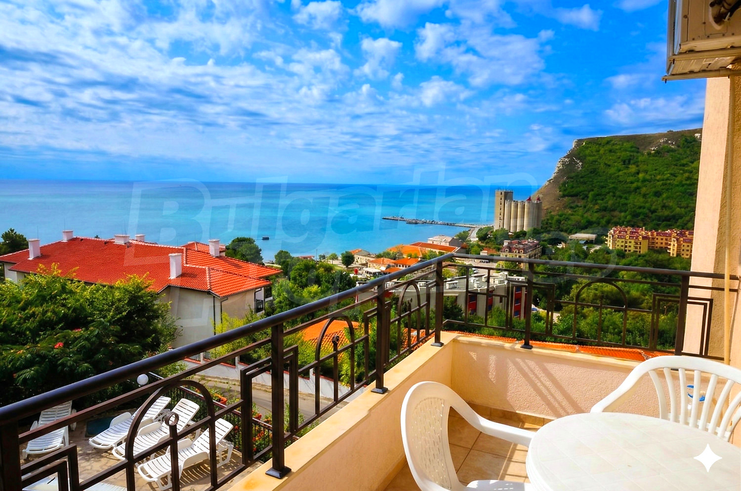 balcony, outside, view from balcony, sea, mountain