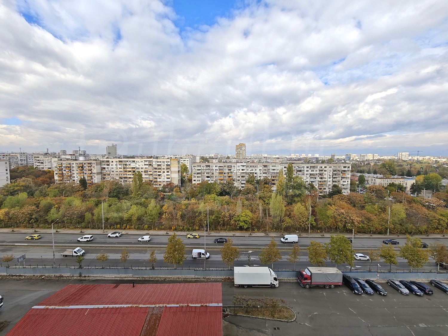 outside, view from balcony, parking, green area