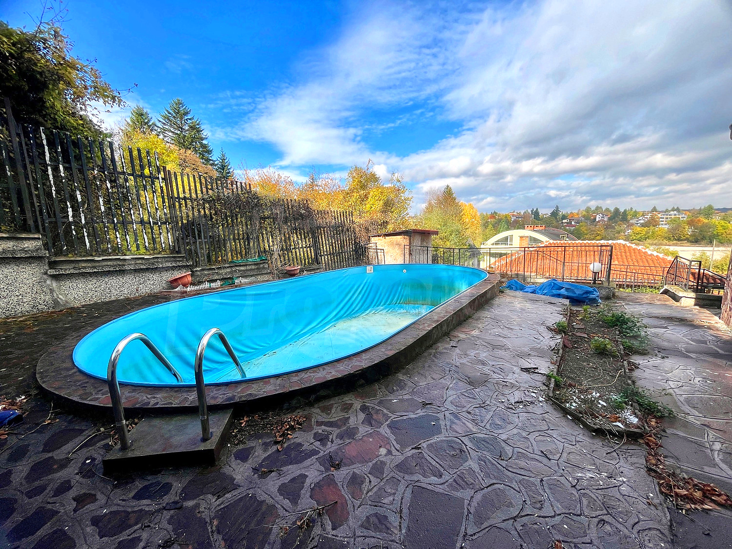 outside, pool, view from balcony, garden