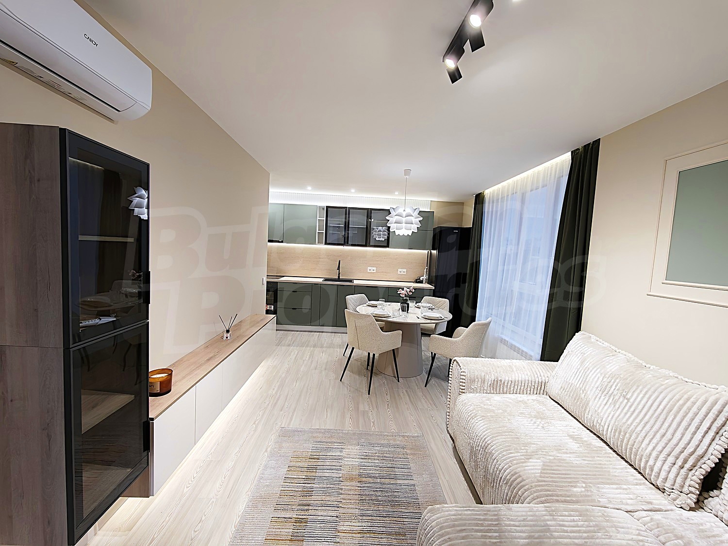 inside, kitchen, living room, furnished