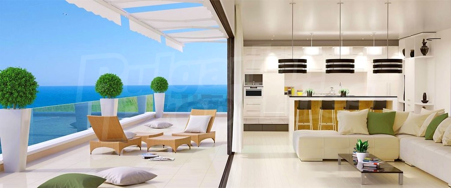 inside, kitchen, living room, balcony, sea, furnished