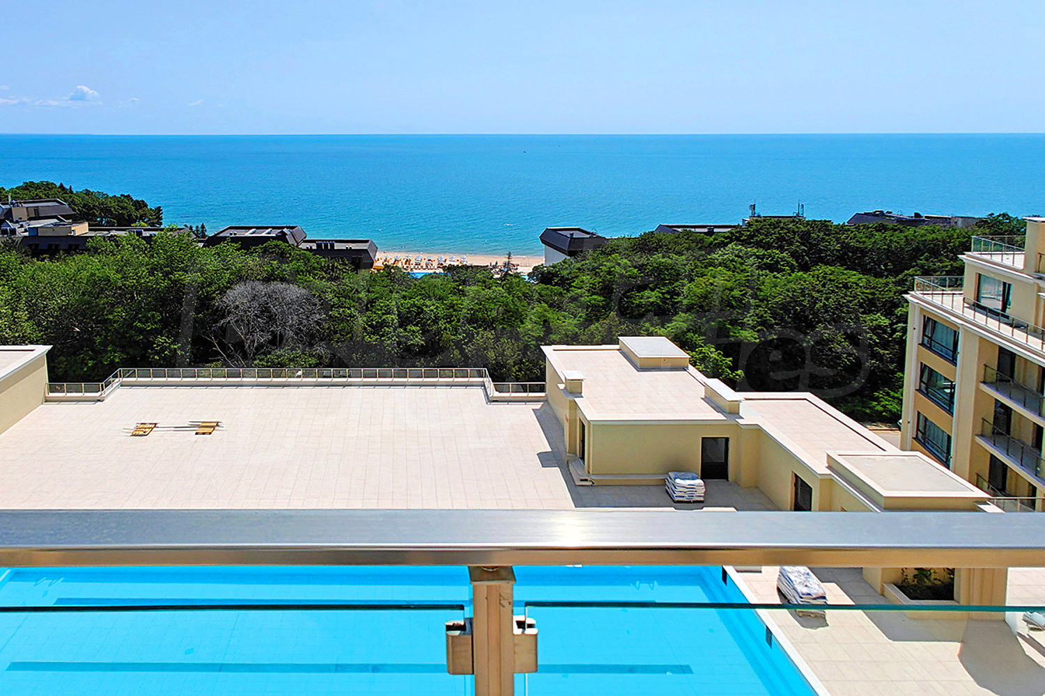 balcony, view from balcony, pool, sea, outside