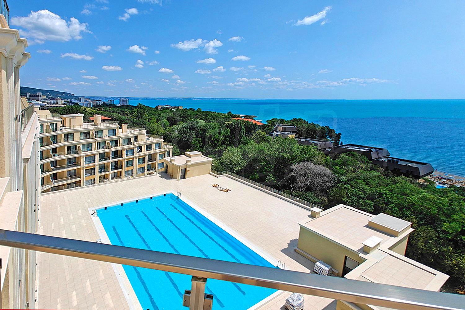 outside, pool, sea, view from balcony, facade, green area