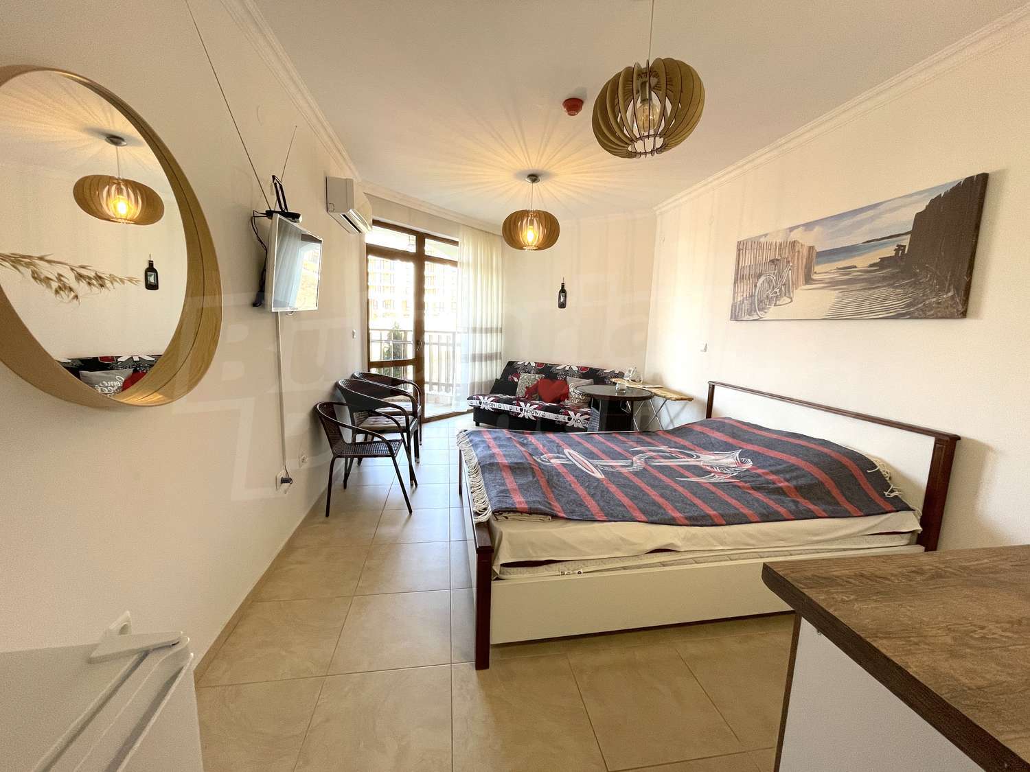 inside, bedroom, furnished, view from balcony