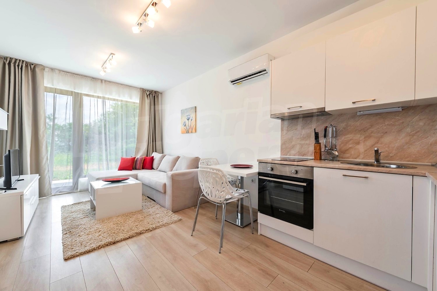 inside, kitchen, living room, furnished