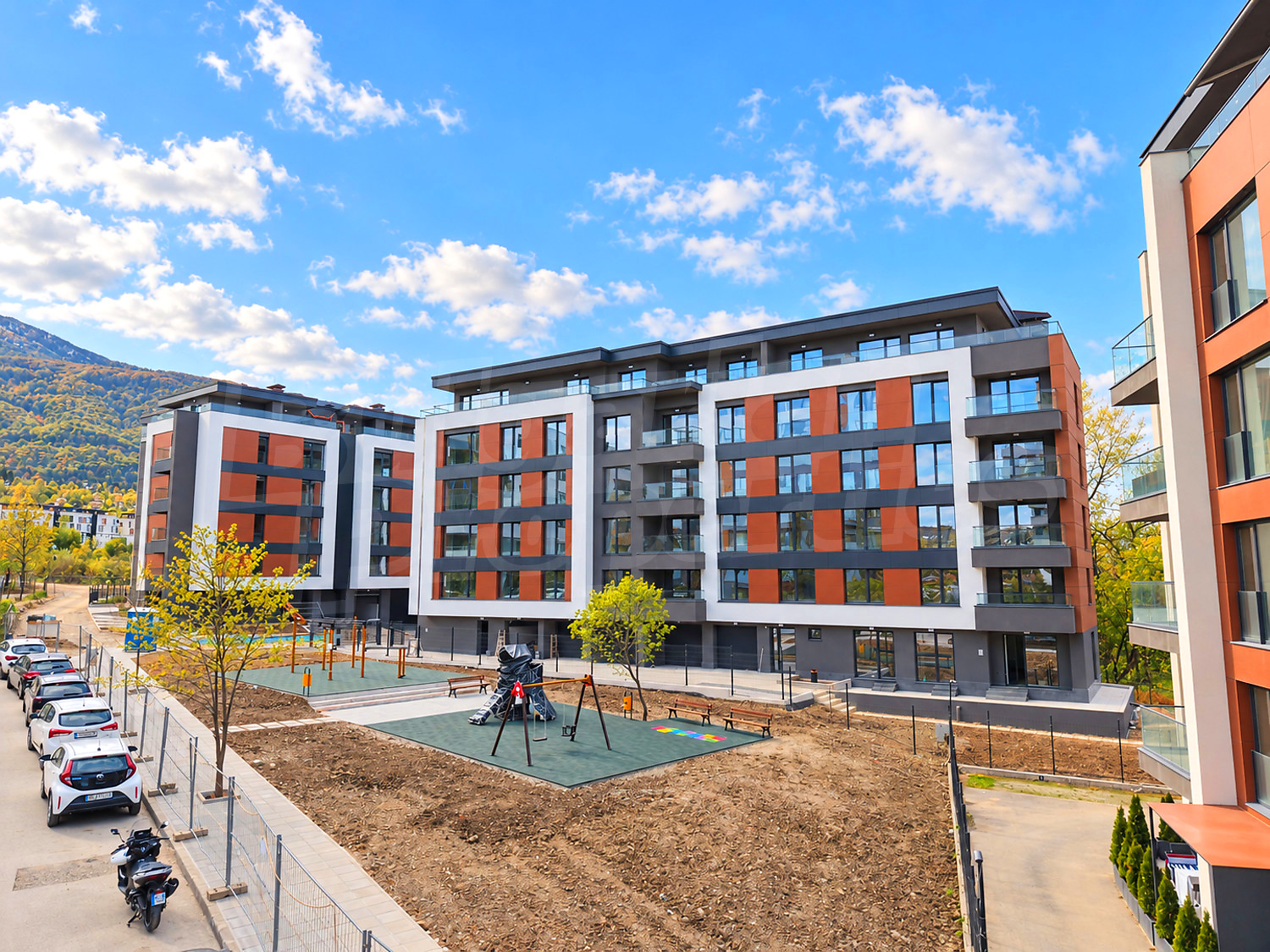 outside, facade, mountain, parking, green area