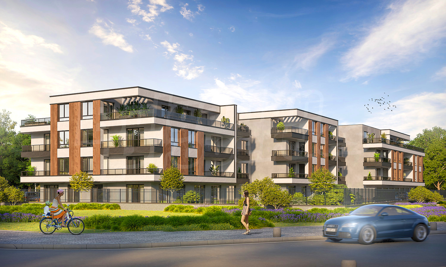 facade, outside, parking, green area