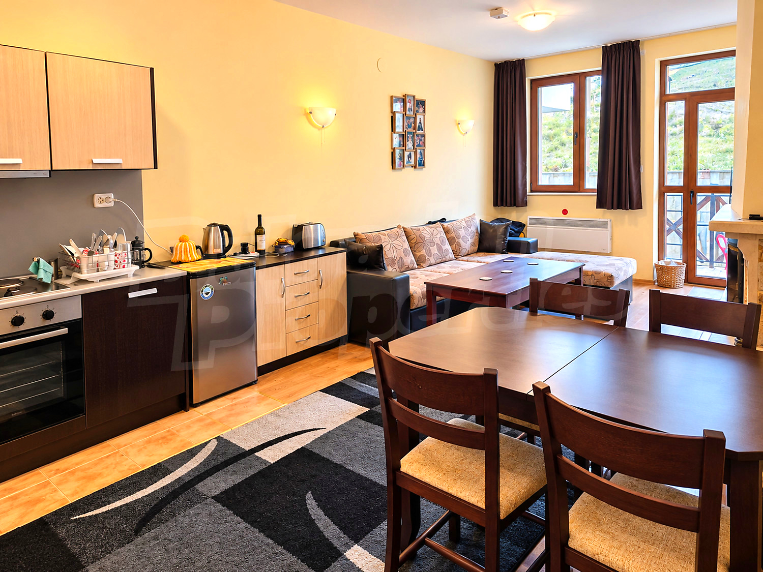 inside, kitchen, living room, furnished