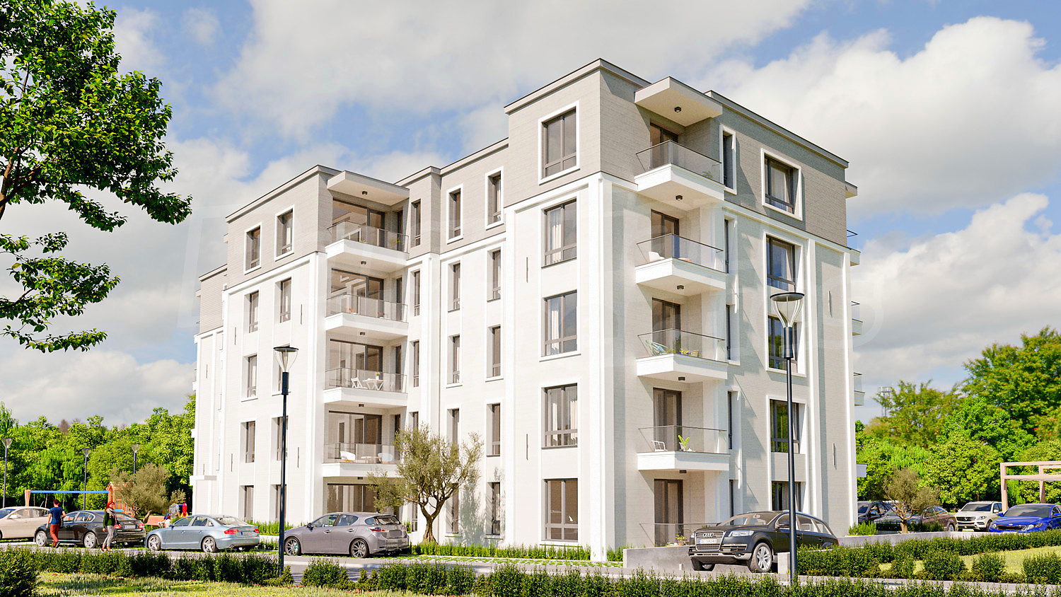 outside, facade, parking, green area