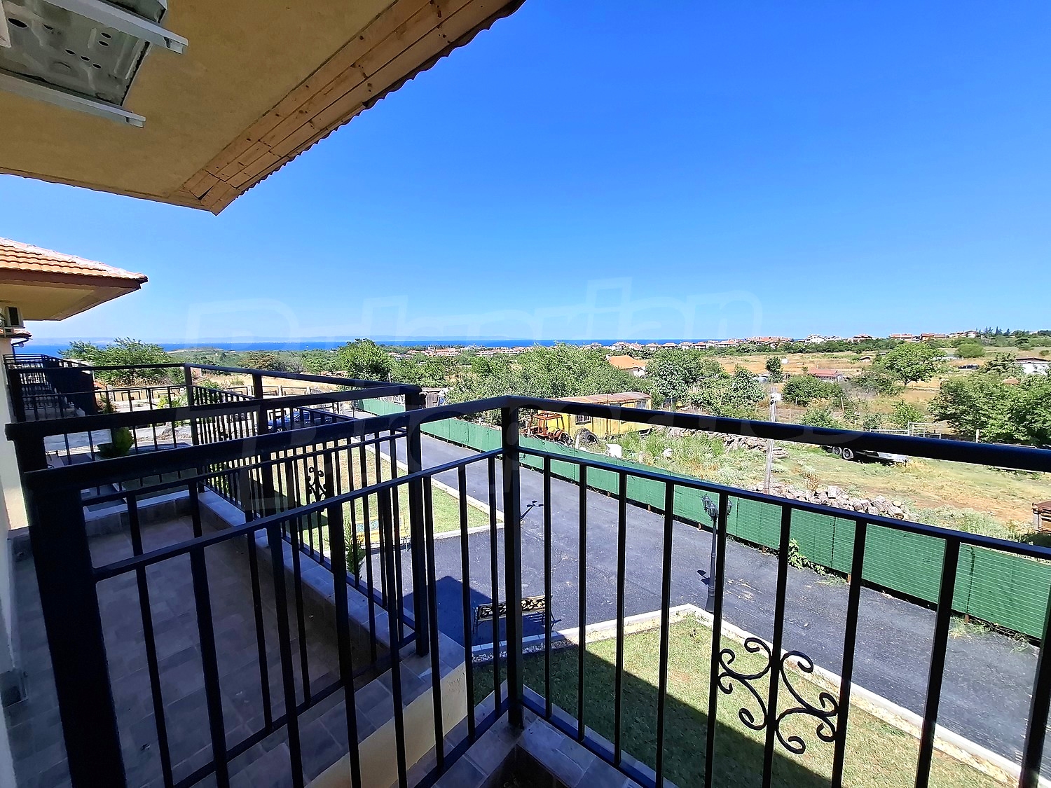 balcony, view from balcony, outside, sea, green area