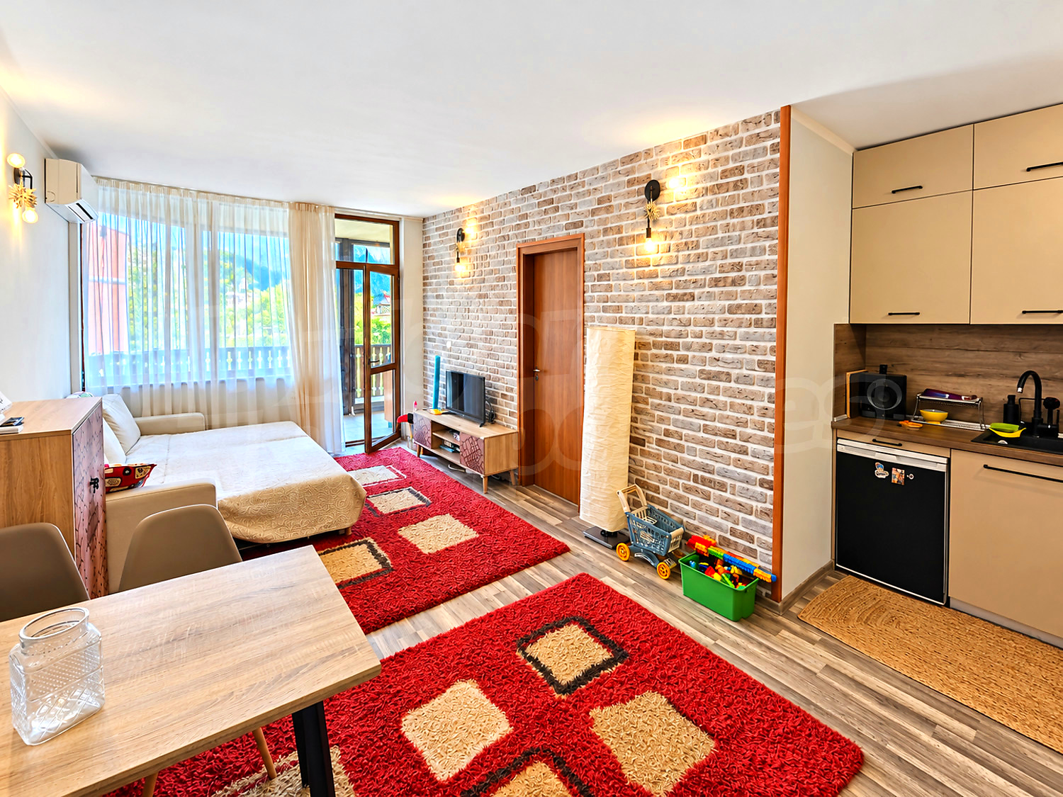 inside, living room, kitchen, balcony, furnished