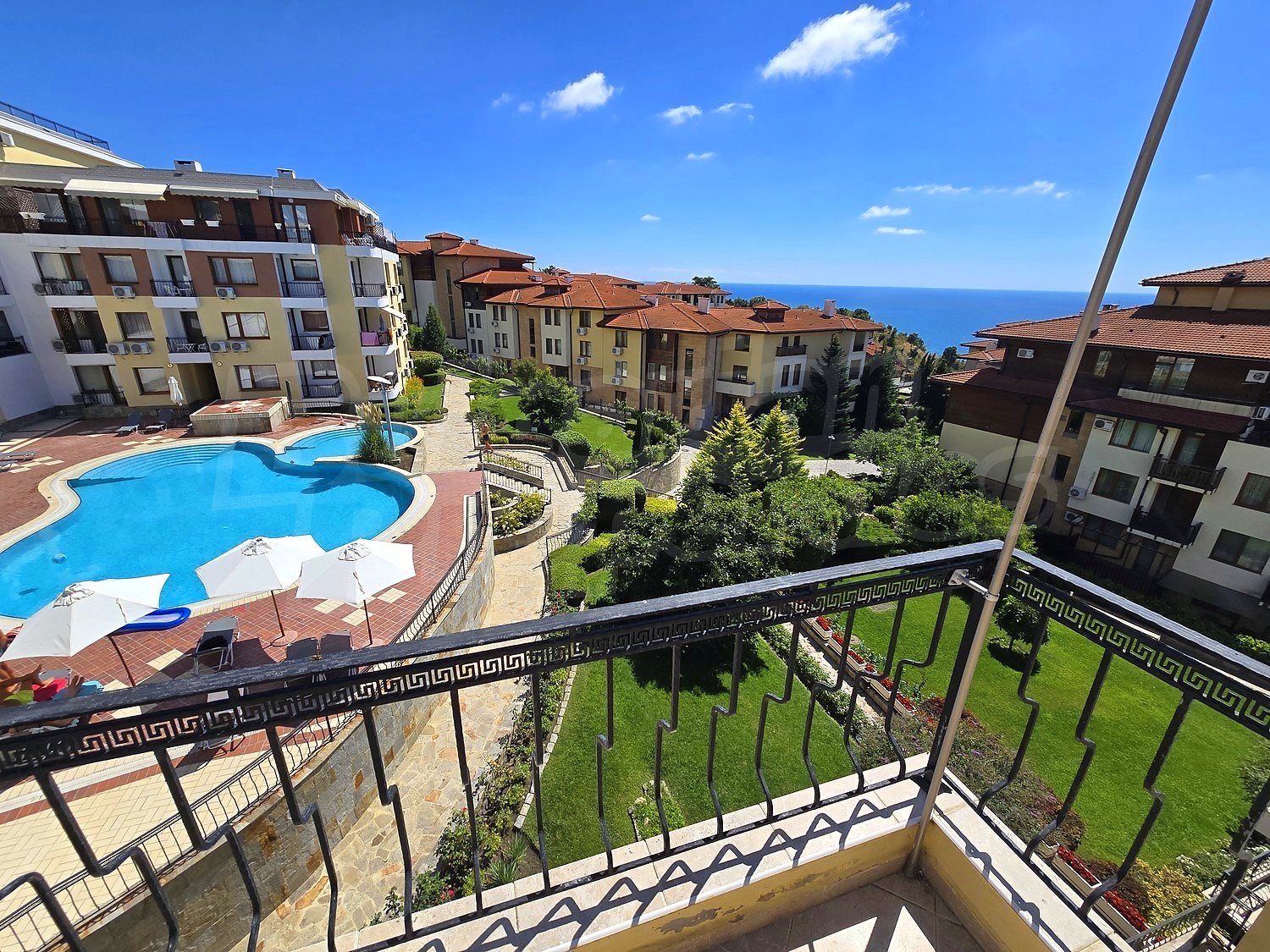 outside, pool, view from balcony, sea, garden