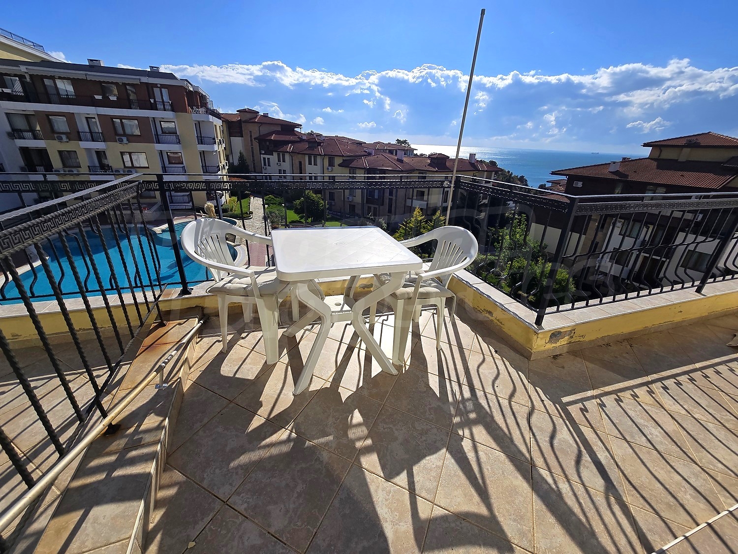 balcony, view from balcony, pool, sea