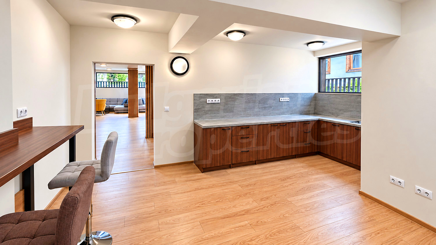 inside, kitchen, living room, furnished
