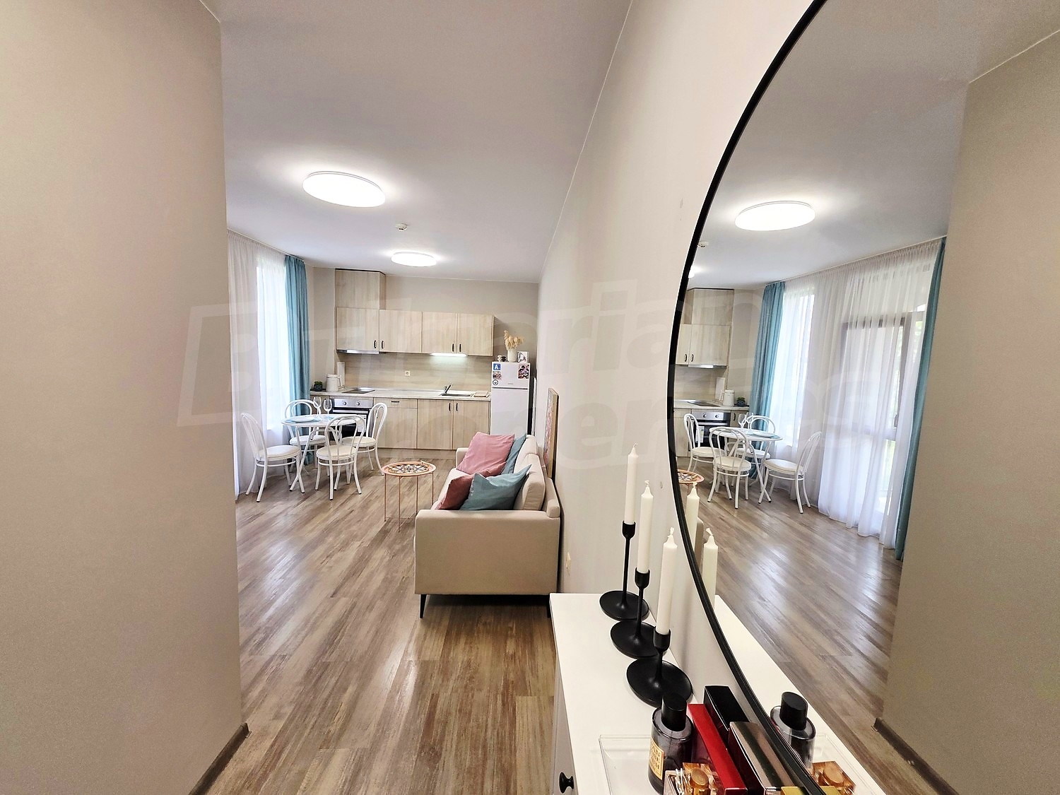 inside, kitchen, living room, furnished