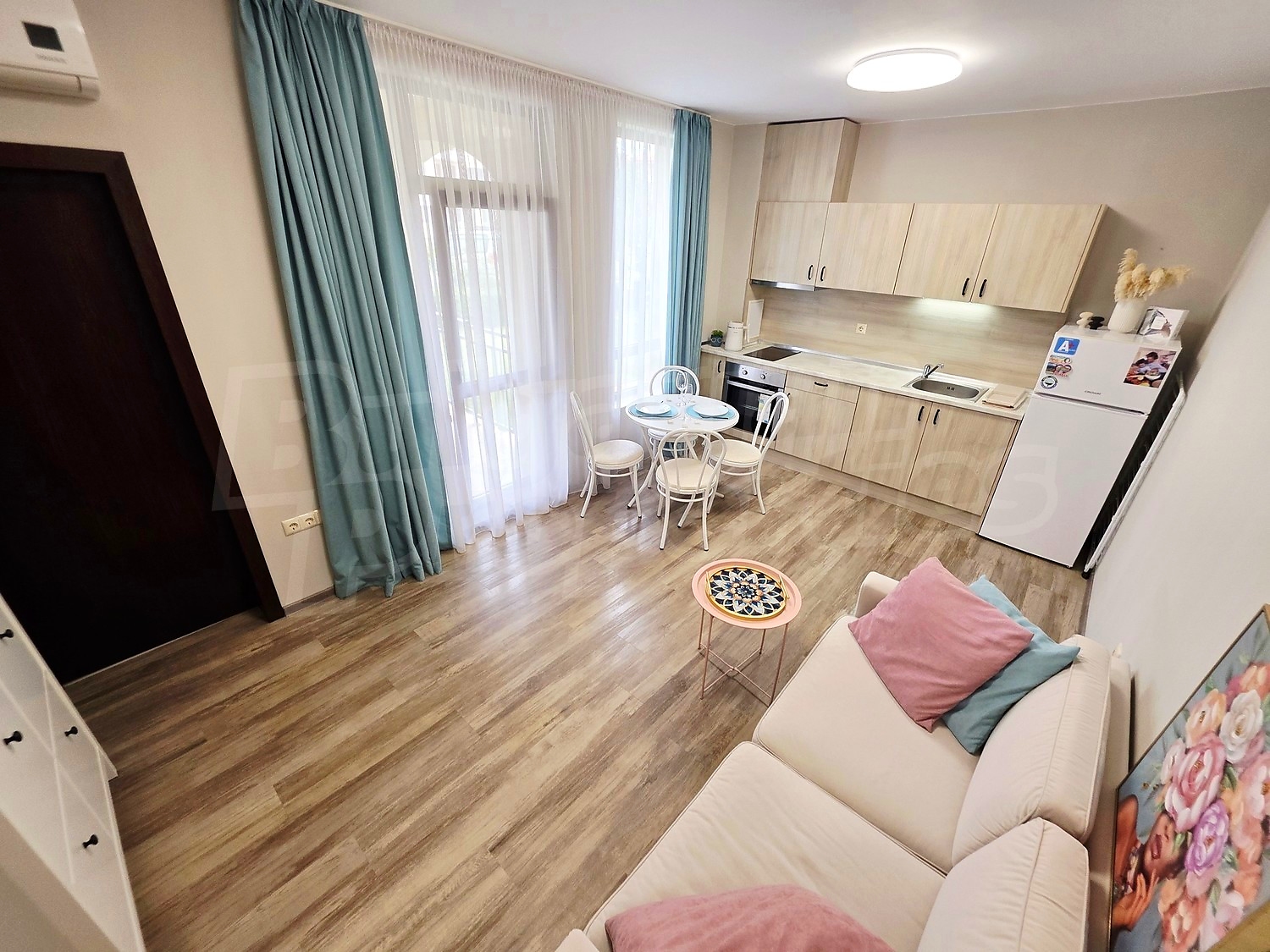 inside, kitchen, living room, furnished