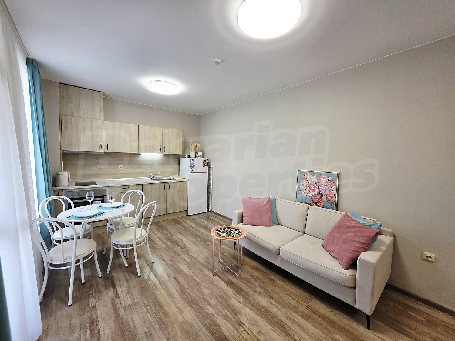 inside, kitchen, living room, furnished