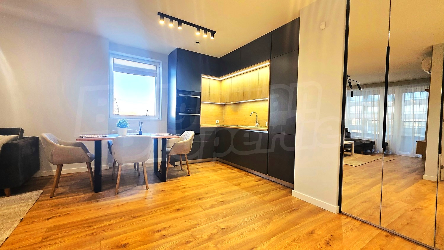 inside, kitchen, living room, furnished