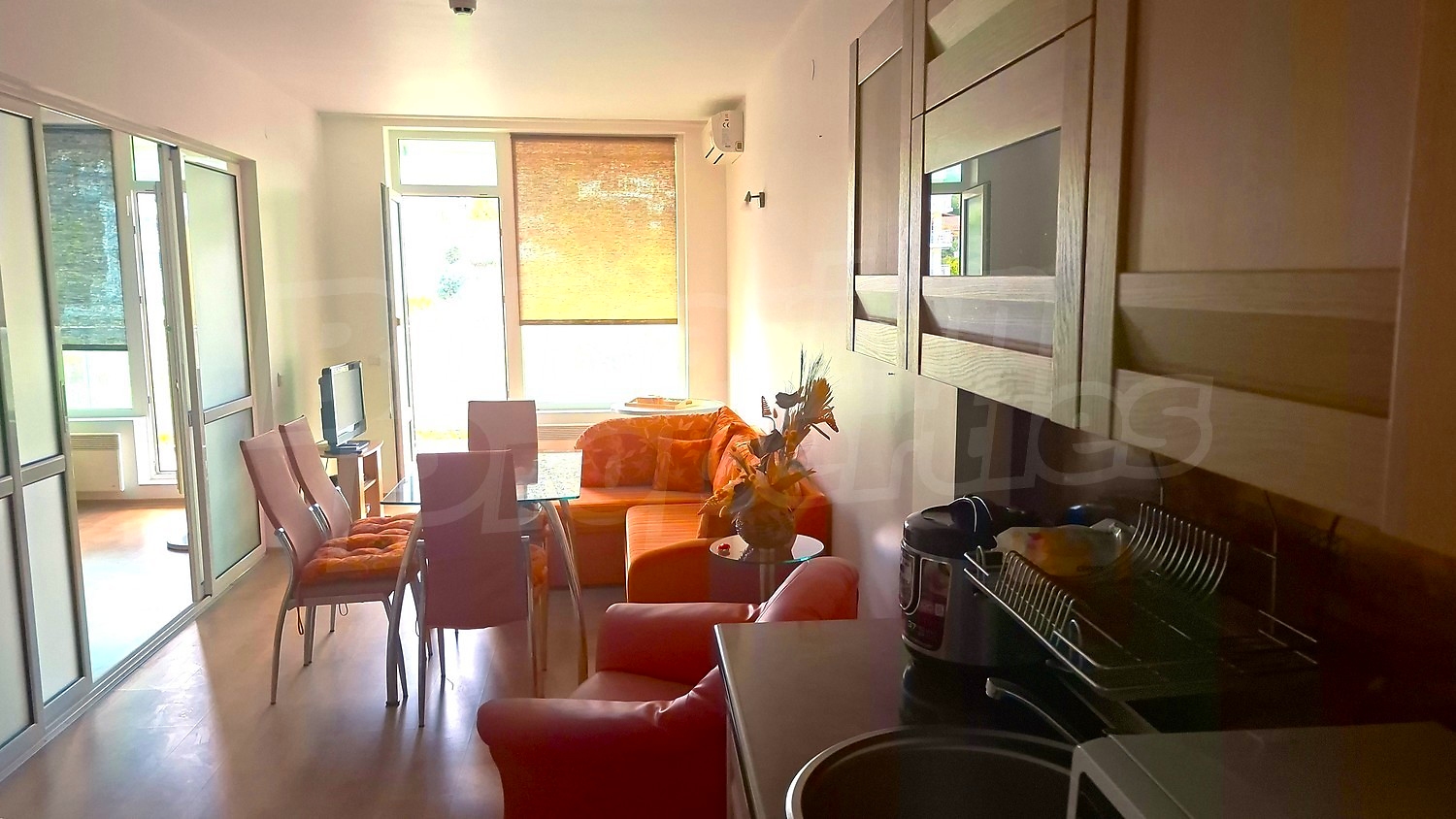 inside, kitchen, living room, furnished
