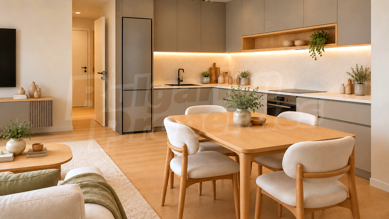 inside, kitchen, living room, furnished