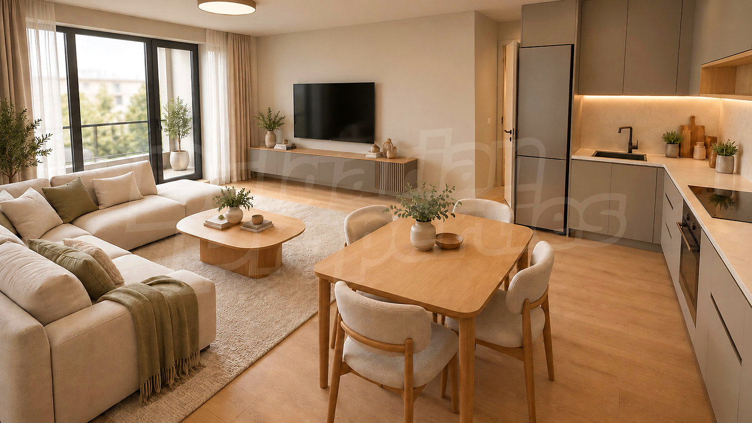 inside, kitchen, living room, furnished
