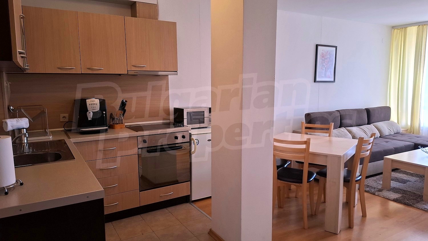 inside, kitchen, living room, furnished