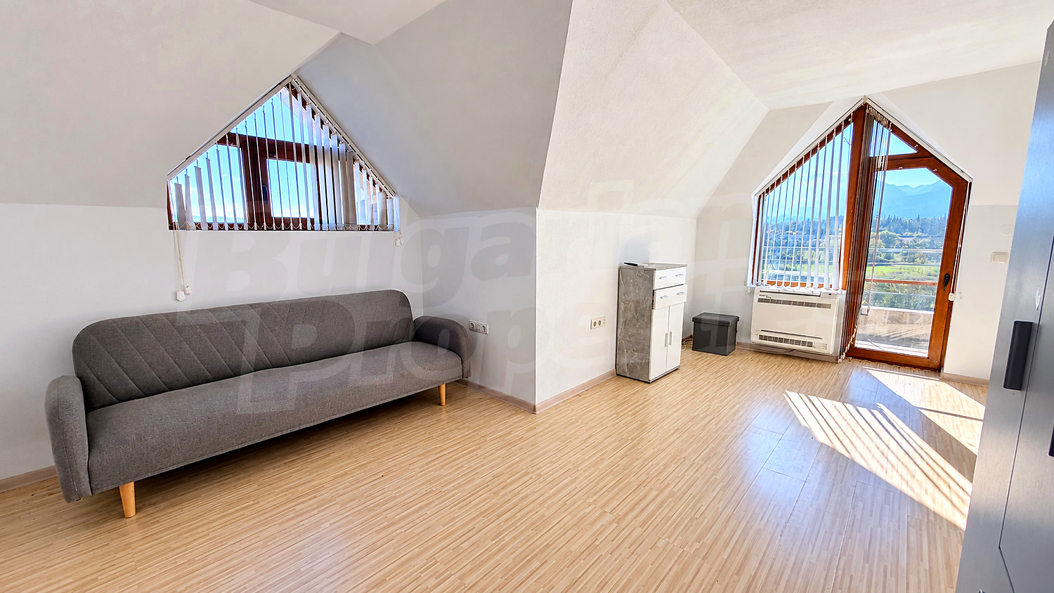 inside, living room, view from balcony, mountain, furnished