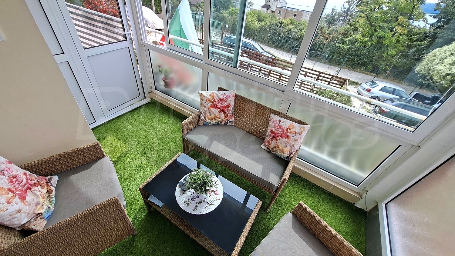 balcony, furnished, view from balcony, outside, green area