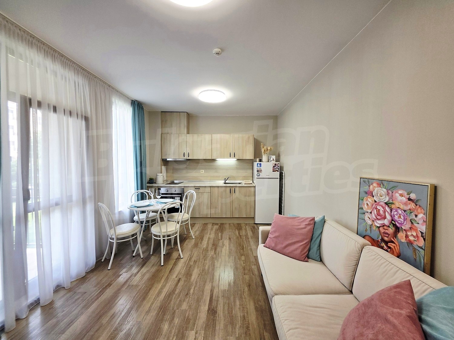 inside, kitchen, living room, furnished