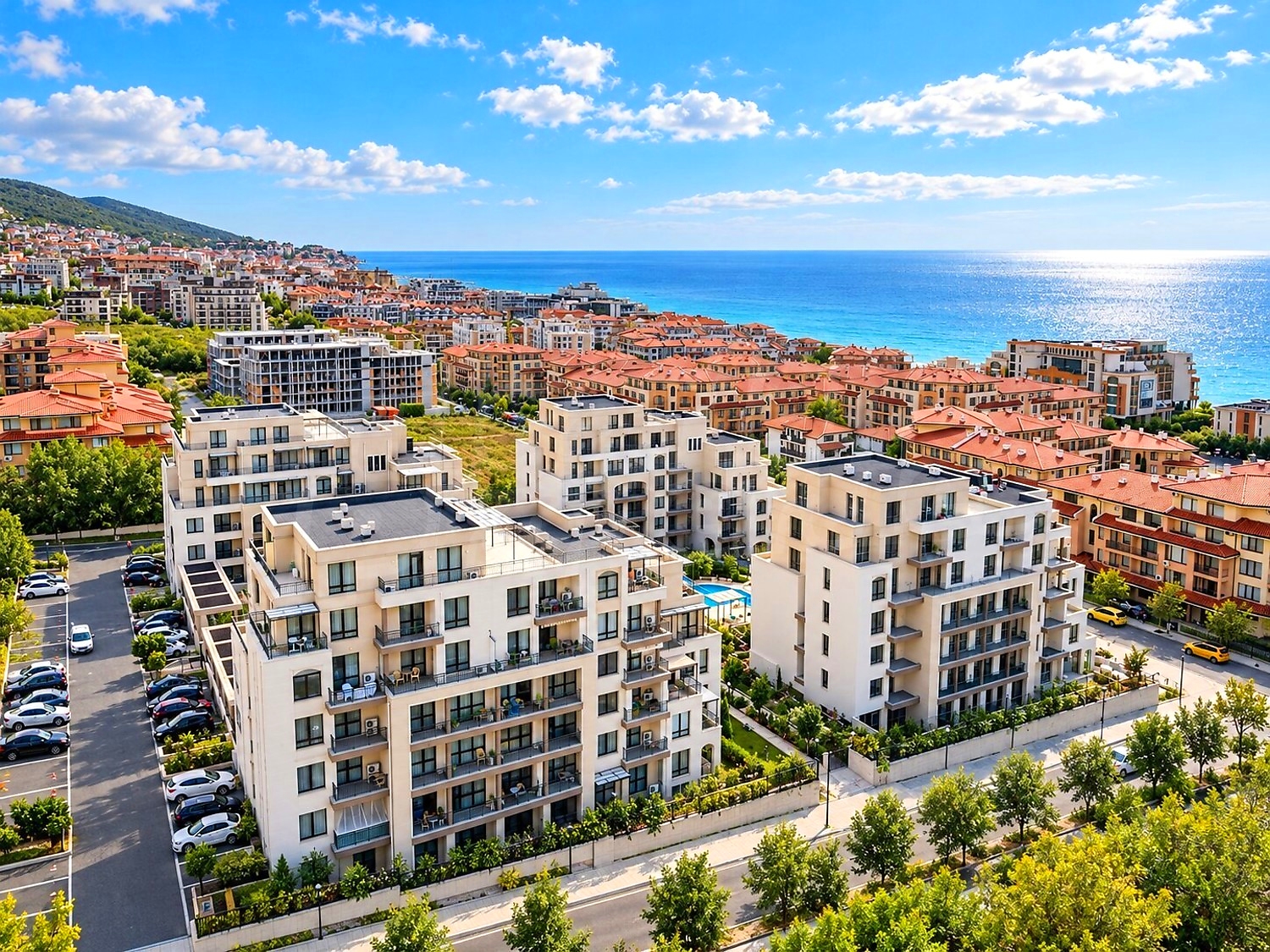 outside, facade, sea, mountain, parking, green area