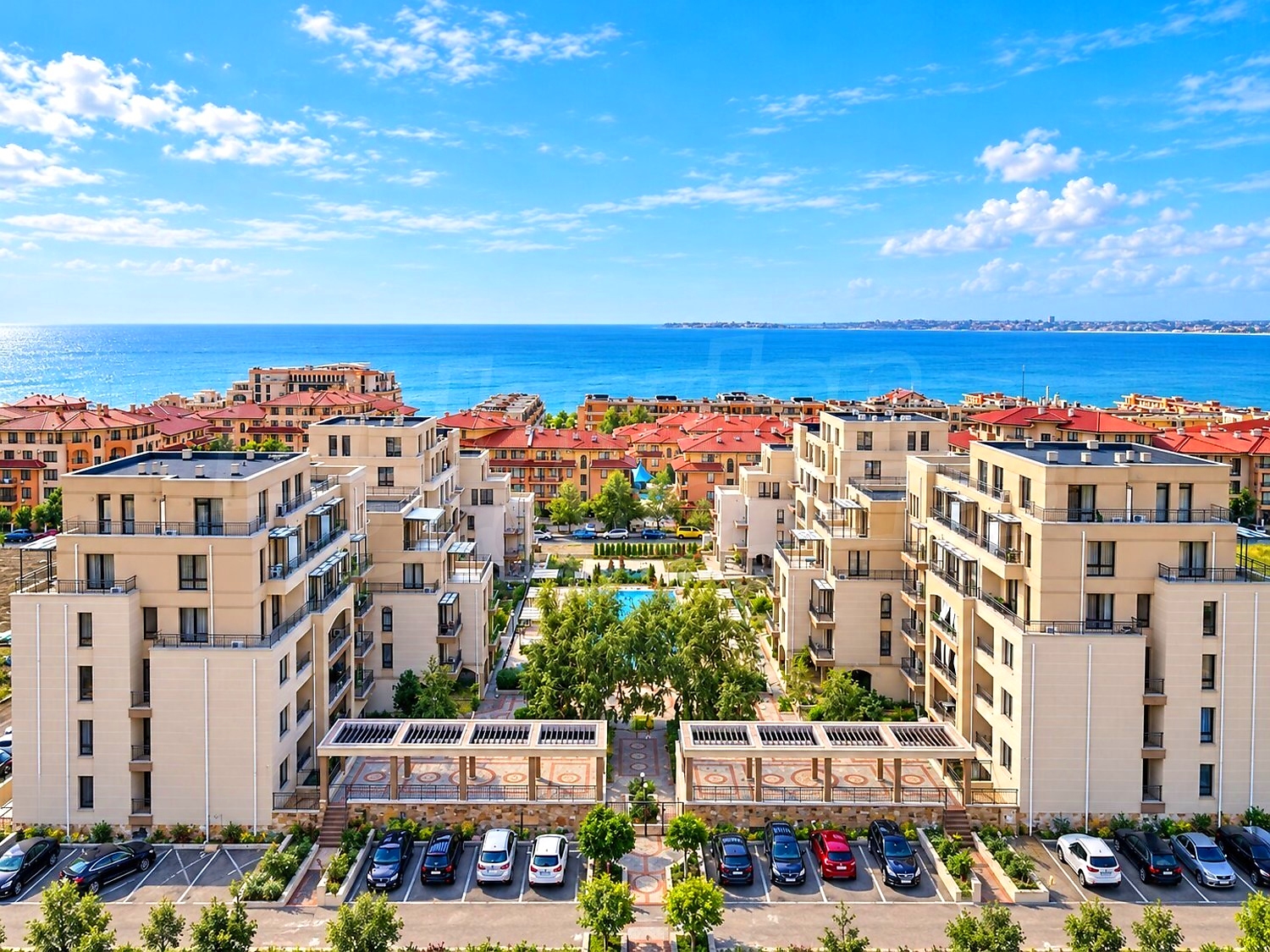 outside, sea, parking, facade, pool, green area
