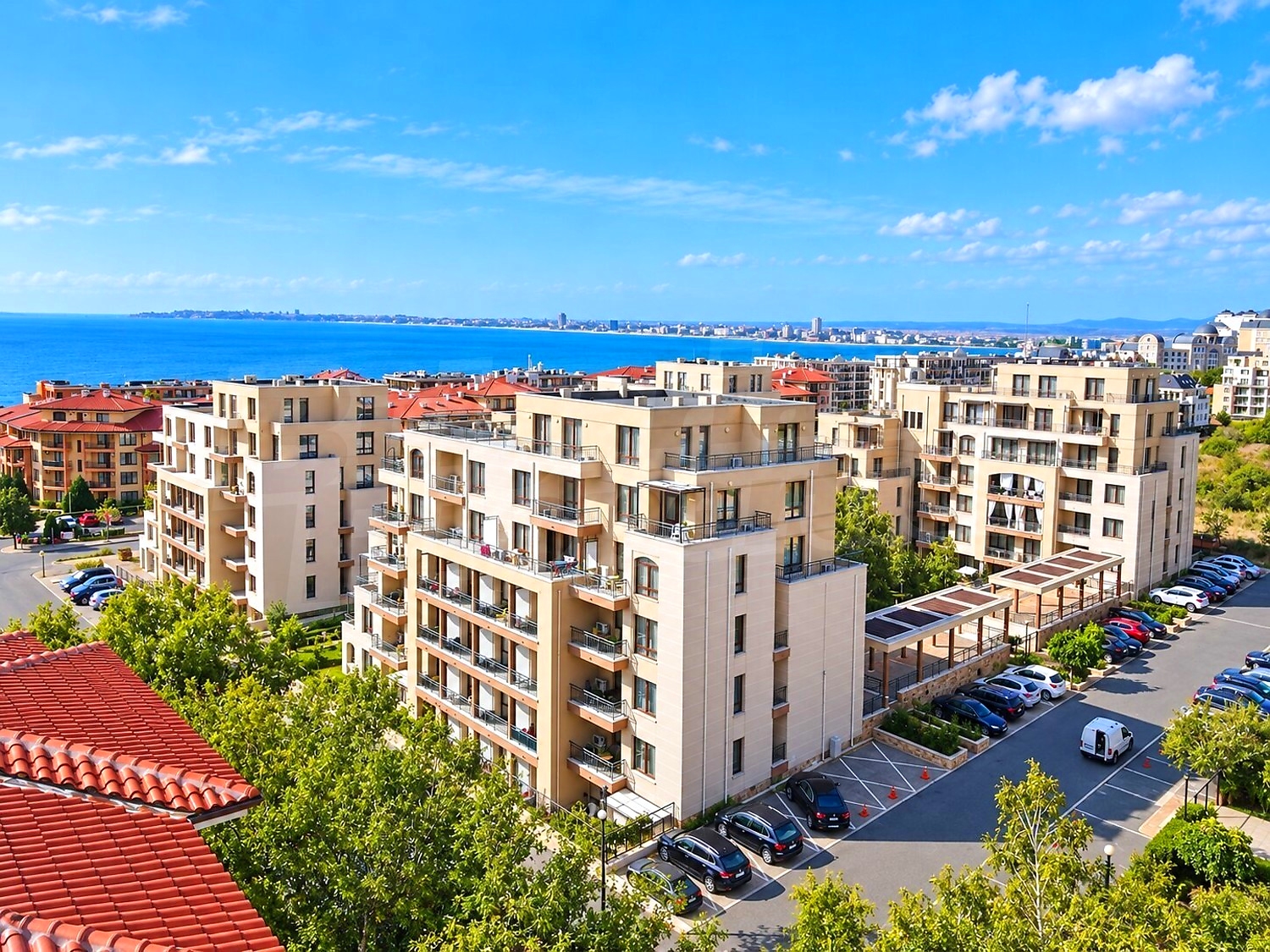 outside, facade, sea, parking, view from balcony, green area