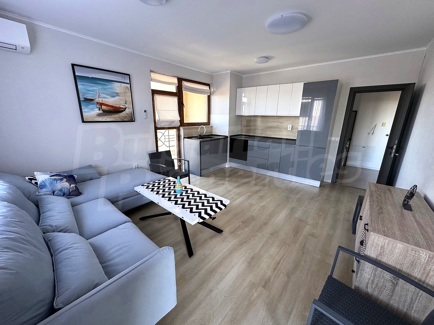 inside, kitchen, living room, furnished