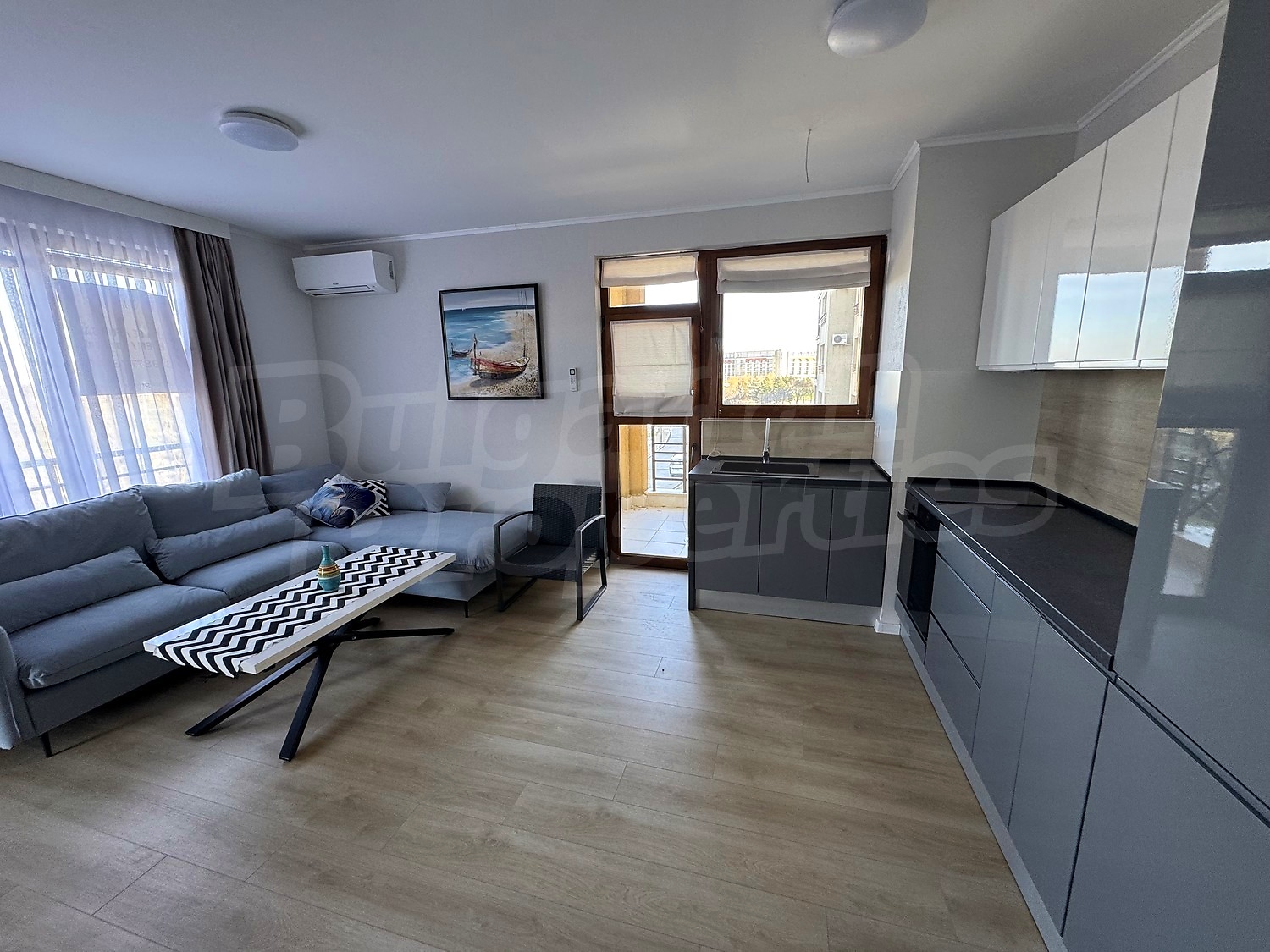 inside, living room, kitchen, balcony, furnished