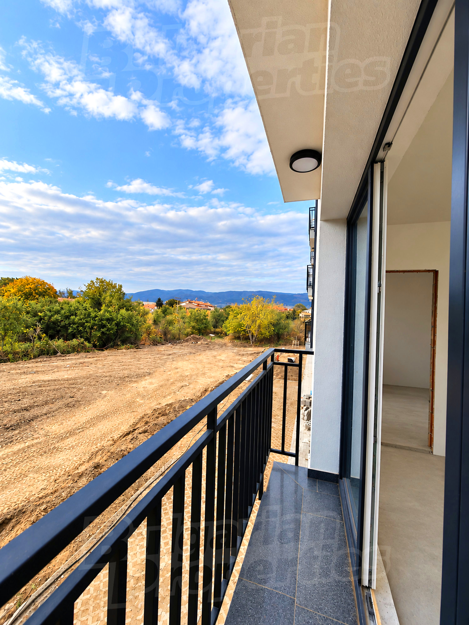 balcony, view from balcony, mountain, outside, green area